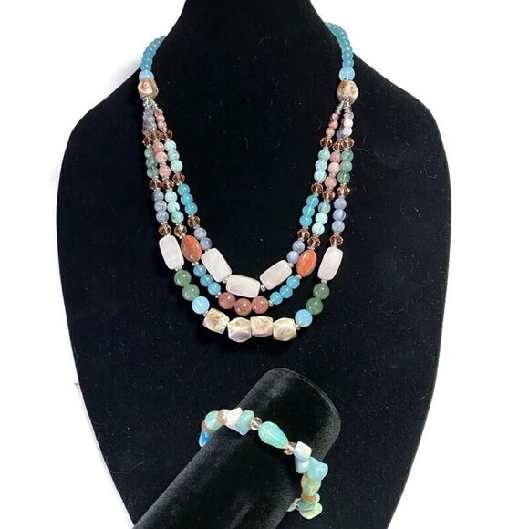 C1946 Multi Color Strands and Stones Necklace with Matching Stretch Bracelet - Picture 1 of 4